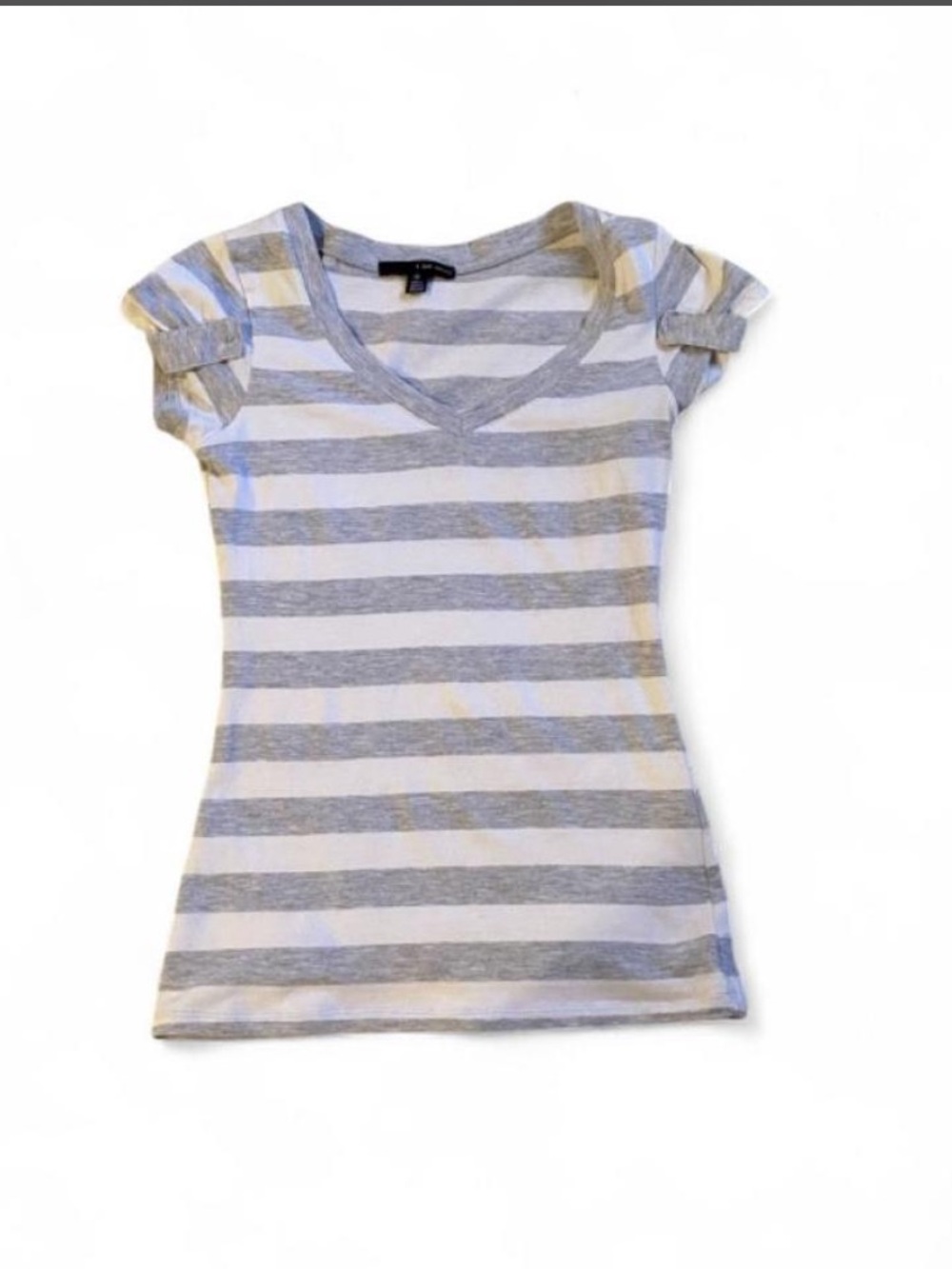 Women's Gray & White Striped V-Neck Cap Sleeve Tee, Form fitting